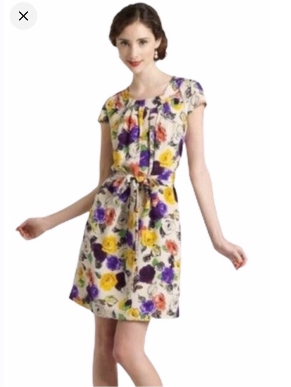 Kate Spade Dress 100% Silk XL Tie Waist Floral Roses Beige Red Purple Pleated